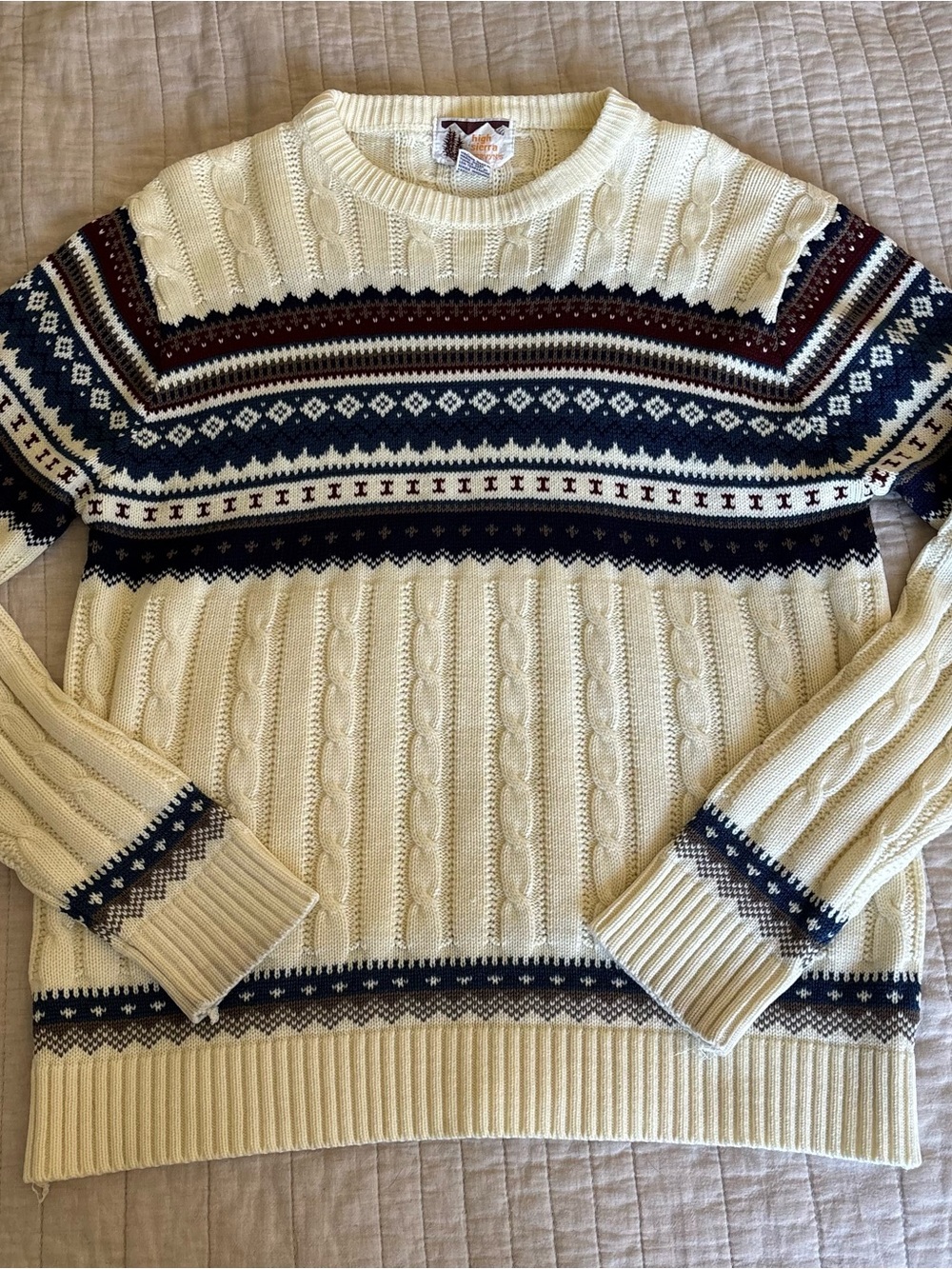 High Sierra Cream Cable Knit Crewneck with Navy & Brown Fair Isle
